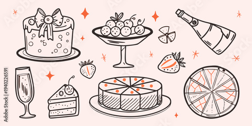 Festive hand drawn illustration featuring desserts champagne and celebratory sparkles