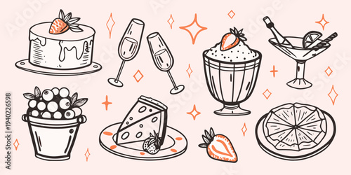 Celebratory desserts and drinks a hand drawn illustration collection