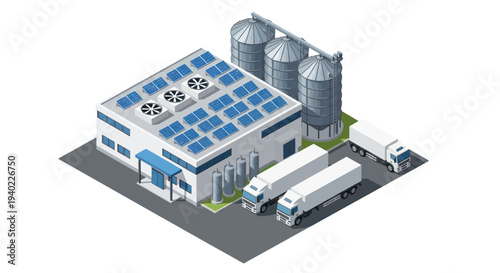 Isometric Industrial Building with Solar Panels and Silos.