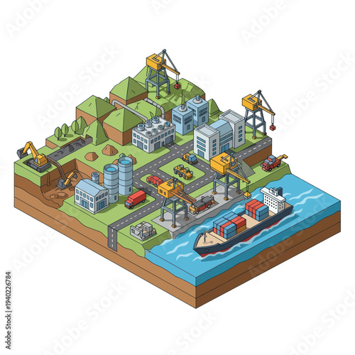 Isometric industrial city with cargo ship and construction.