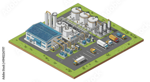 Isometric Industrial Chemical Plant with Storage Tanks and Factory Buildings.