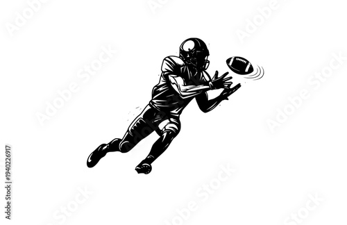 American Football Catching Ball Silhouette, Wide Receiver Action Vector Sticker, Athletic Griddy Style Sports Illustration