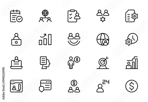 Freelance Outsource Line Icon Set for Remote Work, Digital Services, Online Business and Professional Collaboration Outline Vector Collection