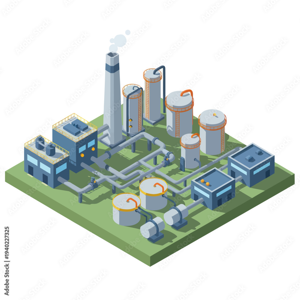 Fototapeta premium Isometric Industrial Plant with Buildings and Storage Tanks.