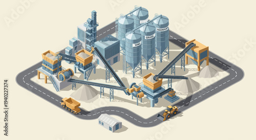 Isometric Industrial Plant with Conveyor Belts and Storage Silos.