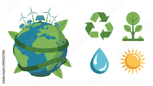 Ecology and sustainability icons featuring a green globe with wind turbines and solar panels plus recycle and renewable energy symbols as vector illustration