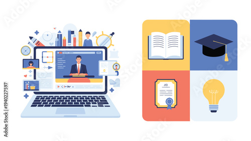 Online education laptop vector illustration with virtual classroom webinar screen and set of academic icons like graduation cap isolated on white background