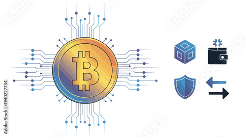 Digital currency coin with circuit lines and various icons for blockchain technology, digital wallet, and security in a stylized vector illustration format