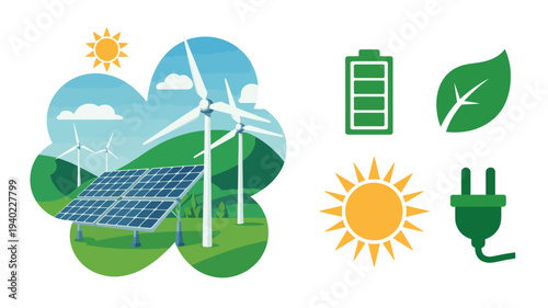 Renewable energy flat vector illustration featuring solar panels and wind turbines in a landscape alongside green power icons isolated on transparent background.