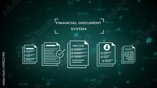 Financial document system concept shown with glowing white line of financial documents invoices and user profiles on a dark teal abstract background with floating data and lock symbols