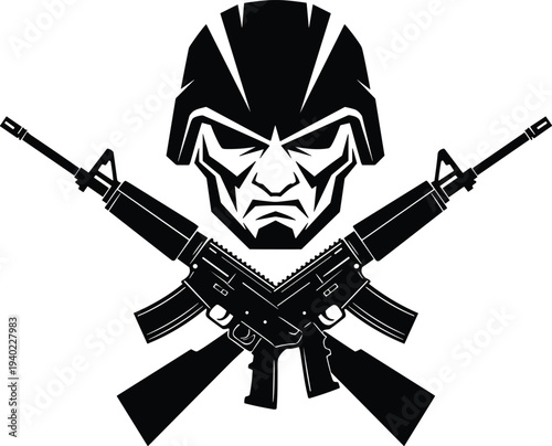 Military helmet face with crossed rifles, combat insignia vector illustration, tactical weapon silhouette design, defense emblem artwork, war soldier symbol graphic