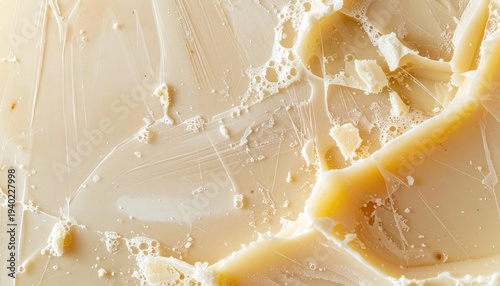Macro texture of cracked white chocolate or ivory butter surface with streaks and air bubbles.