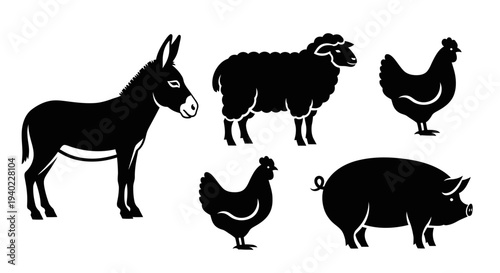 Farm Animals Silhouettes Set: Donkey, Sheep, Pig, and Chickens Vector Illustration