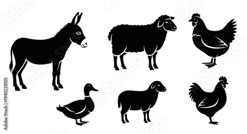 Farm Animals Silhouettes Set: Donkey, Sheep, Chicken, and Duck Vector Icons
