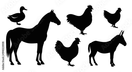 Farm Animals Silhouettes Set: Duck, Horse, Chickens, and Donkey Collection