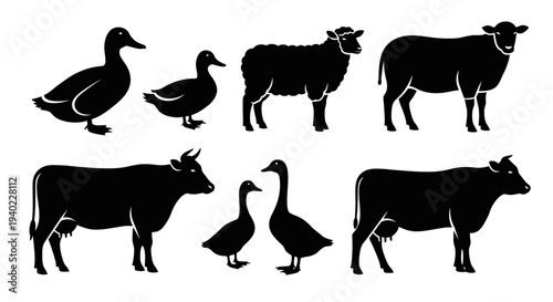 Farm Animals Silhouettes Set: Duck, Sheep, Cow, and Goose Icons