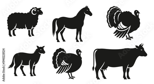 Farm Animals Silhouettes Set: Horse, Cow, Sheep, Donkey, Turkey Icons