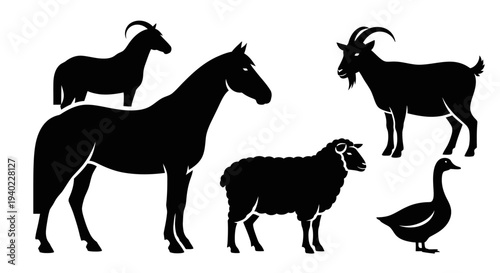 Farm Animals Silhouettes Set: Horse, Goat, Sheep, and Goose Livestock Collection