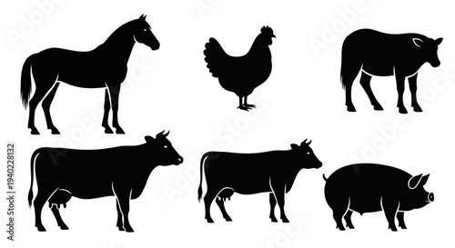 Farm Animals Silhouettes Set: Livestock Icons Including Horse, Cow, Pig, and Chicken