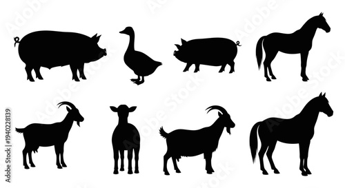 Farm Animals Silhouettes Set: Pig, Goose, Horse, and Goat Icons