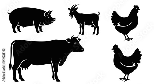 Farm Animals Silhouettes Set: Pig, Cow, Goat, and Chickens