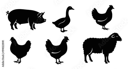 Farm Animals Silhouettes Set: Pig, Goose, Chicken, Hen, and Sheep Icons