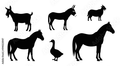 Farm Animals Silhouettes Set: Goat, Donkey, Sheep, Horse, and Goose Icons