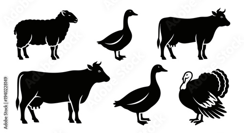 Farm Animals Silhouettes Set Including Sheep, Cow, Goose, and Turkey Icons