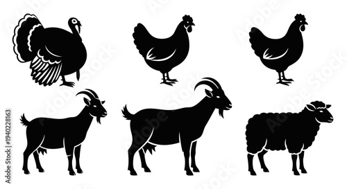 Farm Animals Silhouettes Set: Turkey, Chicken, Goat, and Sheep Icons Collection