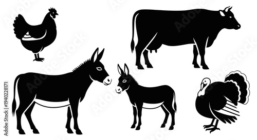 Farm Animals Silhouettes Vector Set: Cow, Chicken, Donkeys, and Turkey Collection