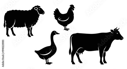 Farm Animals Silhouettes Set: Sheep, Chicken, Goose, and Cow Icons
