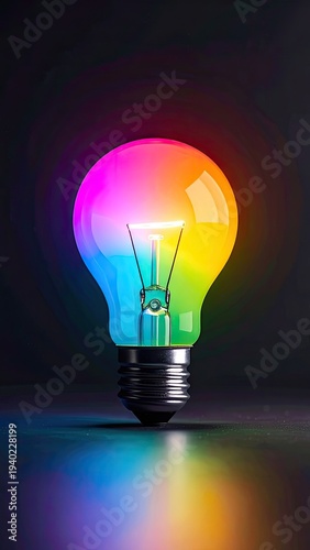 Vibrant Rainbow Illuminated Light Bulb Against Dark Background