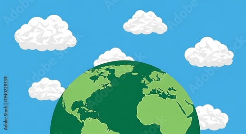 Illustration of a green planet earth globe with clouds and continents depicting a global environment concept for nature. Perfect for Earth Day.