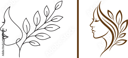 A comprehensive set of feminine vector logos featuring woman profiles integrated with diverse botanical leaves and wreaths. Elegant minimalist designs in various colors for beauty and wellness.