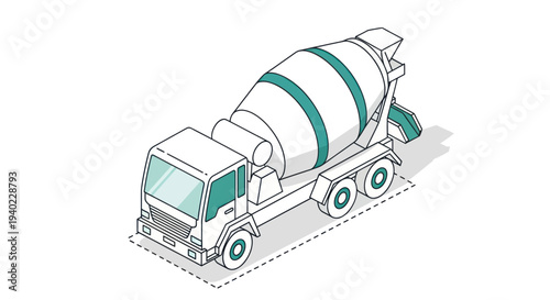 Isometric illustration of a concrete mixer truck on a white background.
