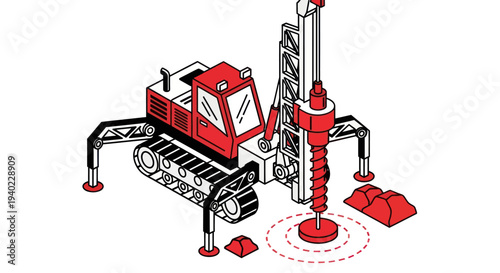 Isometric Illustration of a Geotechnical Drilling Rig on a Construction Site.
