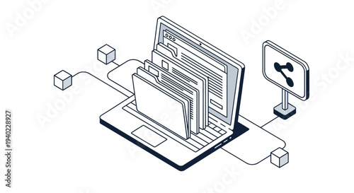 Isometric illustration of a laptop with multiple open windows and files, connected to a share icon.