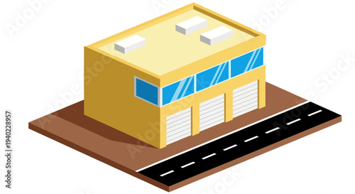 Isometric Illustration of a Modern Industrial Building with Road.