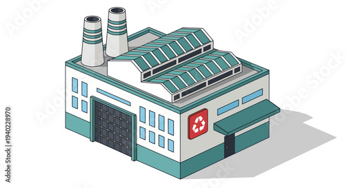Isometric illustration of a modern recycling factory building with smokestacks.