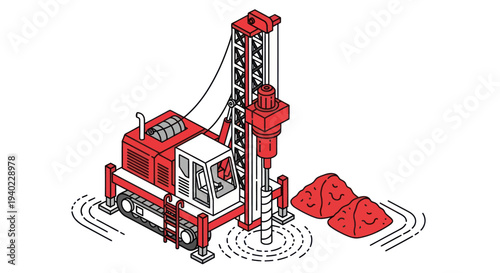 Isometric illustration of a red and white pile driver at a construction site.