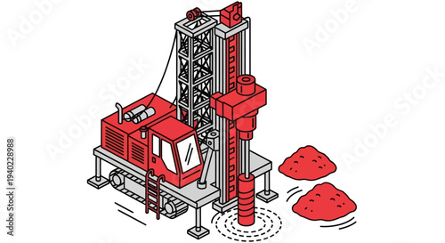 Isometric illustration of a red drilling rig with excavated soil piles.
