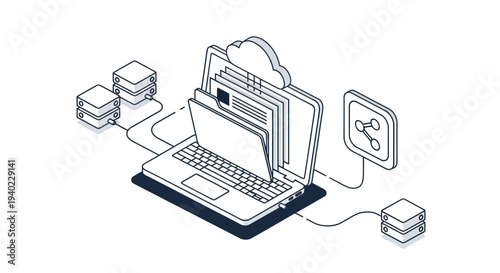 Isometric illustration of cloud computing and data management on a laptop.