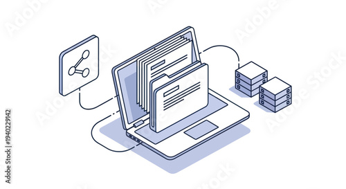 Isometric illustration of data sharing and management on a laptop.