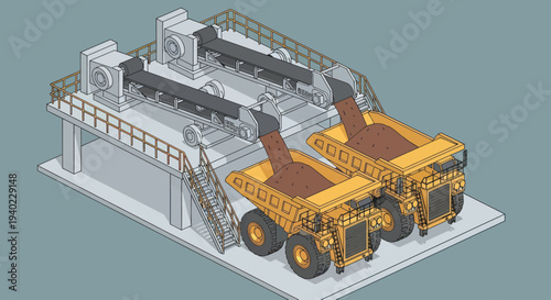 Isometric illustration of two large mining dump trucks being loaded with ore.