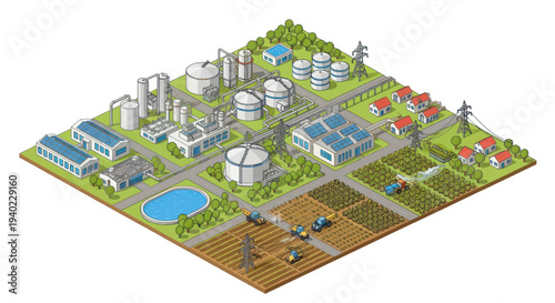 Isometric illustration of a sustainable industrial and agricultural landscape with factories and farms.