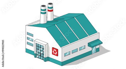 Isometric Industrial Building with Chimneys and Cross Symbol.