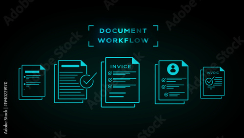 Foto Document workflow system visualized with glowing cyan line of files and a checkl