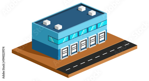 Isometric Industrial Building with Loading Docks and Road.