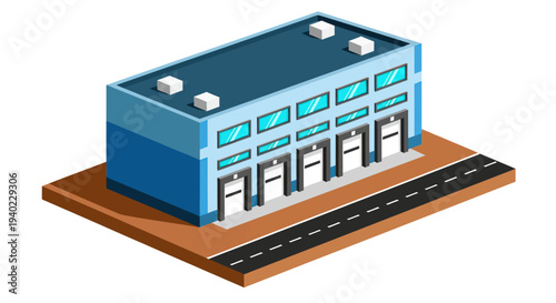 Isometric Industrial Warehouse Building with Loading Docks and Road.