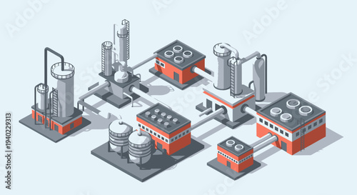 Isometric Industrial Plant with Storage Tanks and Processing Units.
